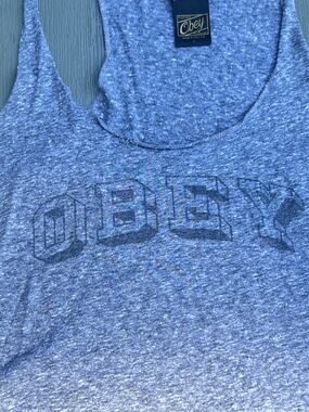 OBEY Racerback Tank Top Womens L Heather Grey Ombre Made in USA Graphic Logo